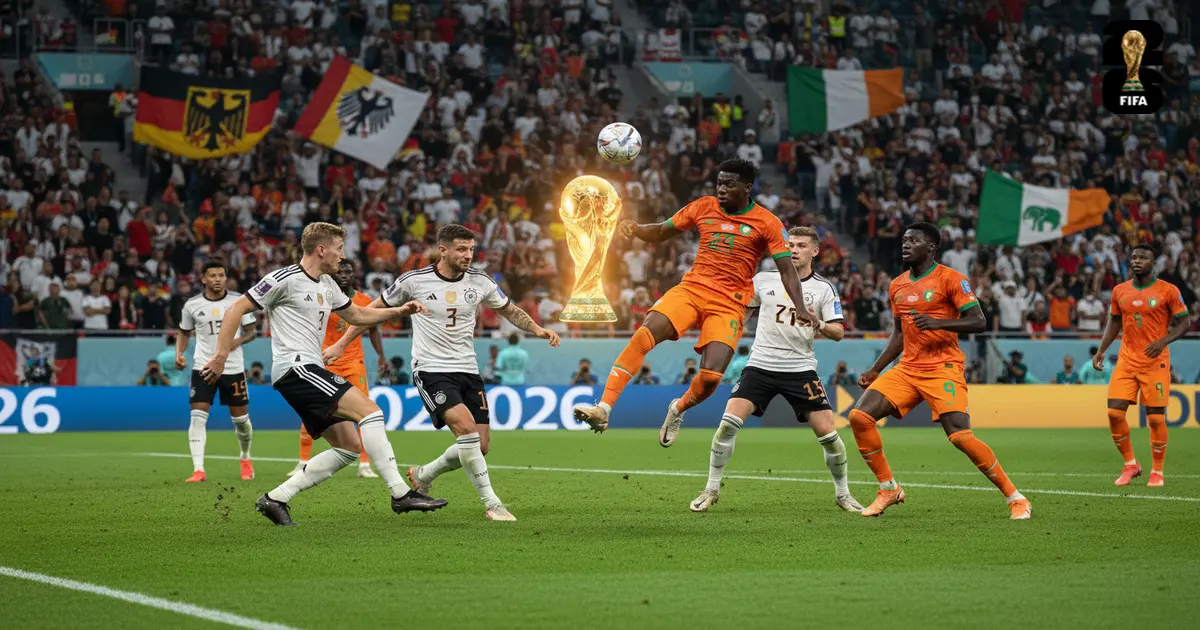 Mundial FIFA 2026 — Alemanha vs Costa do Marfim em ação no estádio com taça da Copa do Mundo em destaque, análise de apostas Pickmania