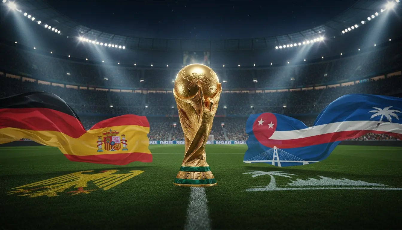 Mundial FIFA 2026 — taça no centro do estádio com bandeiras da Alemanha, Espanha e Curaçao, dia 4 do torneio