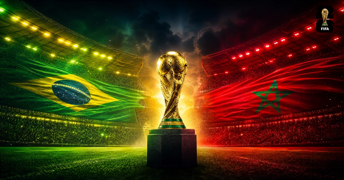 Antevisão Brasil vs Marrocos no Mundial FIFA 2026 — taça no centro do estádio com bandeiras verde-amarela e vermelha, Grupo C