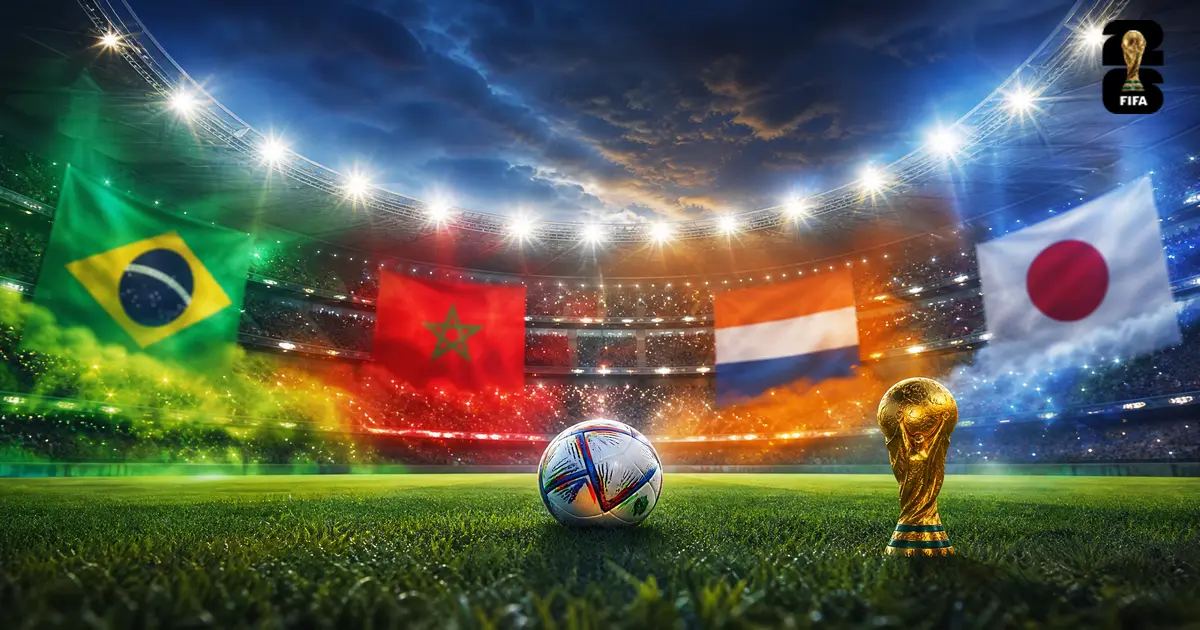 Mundial FIFA 2026 — Brasil vs Marrocos e Países Baixos vs Japão: estádio com taça, bola e bandeiras das quatro seleções