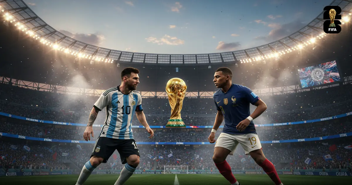 Mundial FIFA 2026 — Lionel Messi pela Argentina e Kylian Mbappé pela França frente ao troféu no estádio, estreias a 16 de junho