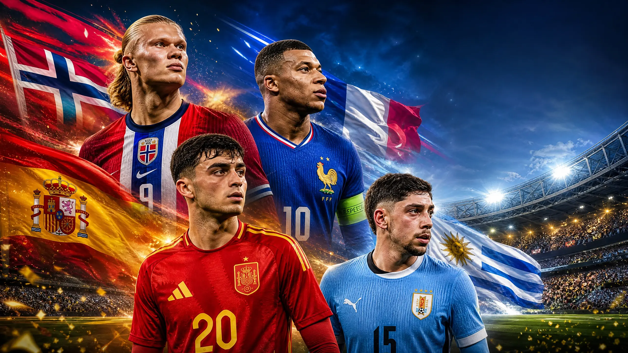 Mundial FIFA 2026 — jogos de 26 de junho com Portugal, França e Espanha: Mbappé, Pedri, Haaland e Valverde no estádio com bandeiras nacionais