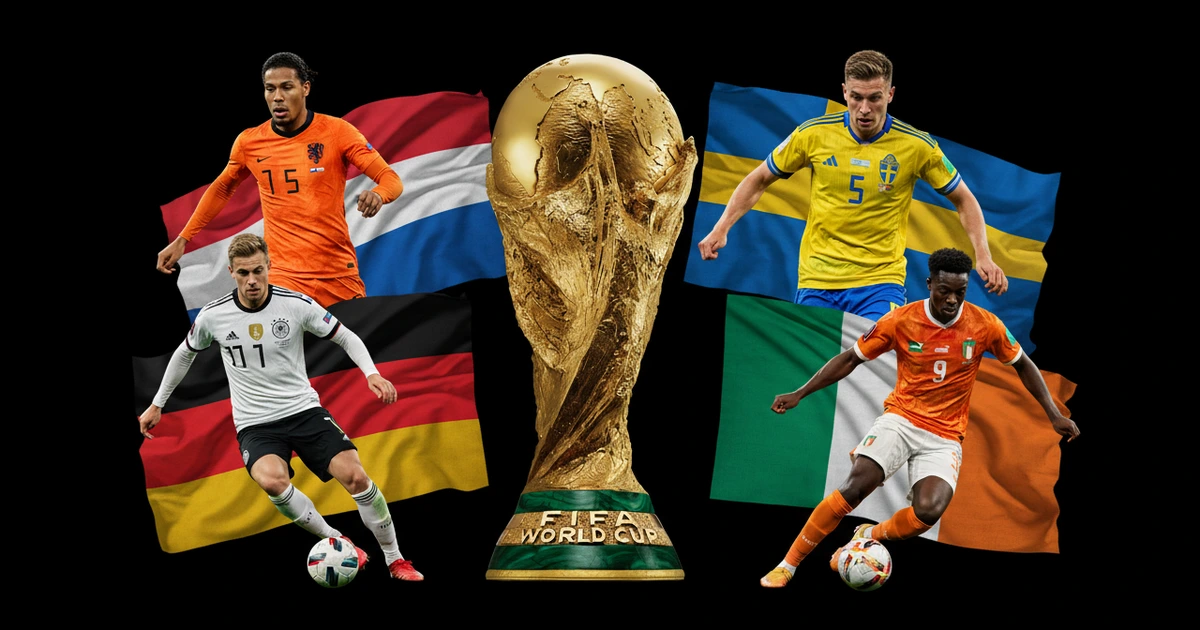 Mundial FIFA 2026 — taça ao centro com bandeiras da Holanda, Alemanha, Suécia e Costa do Marfim nos jogos de 20 de junho: Holanda vs Suécia e Alemanha vs Costa do Marfim