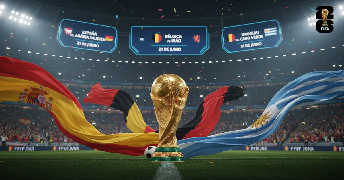 Mundial FIFA 2026 — taça no relvado com bandeiras de Espanha, Bélgica e Uruguai e ecrãs dos jogos de 21 de junho: Espanha vs Arábia Saudita, Bélgica vs Irão e Uruguai vs Cabo Verde