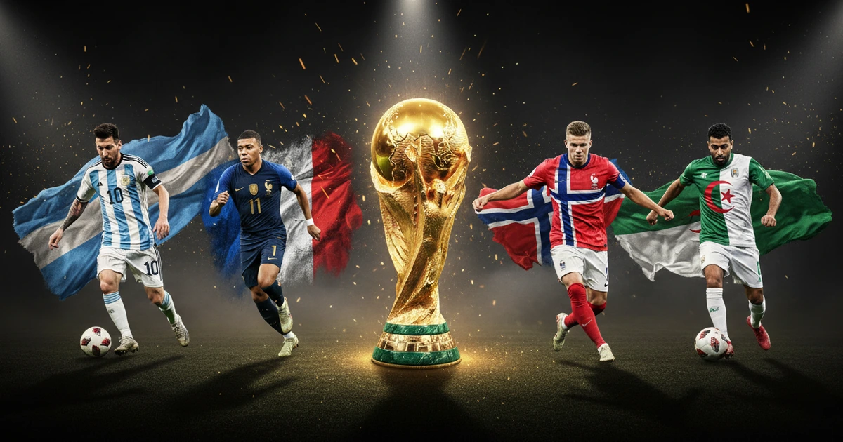 Mundial FIFA 2026 — taça ao centro com Lionel Messi pela Argentina e seleções em destaque no jogo Argentina vs Áustria de 22 de junho
