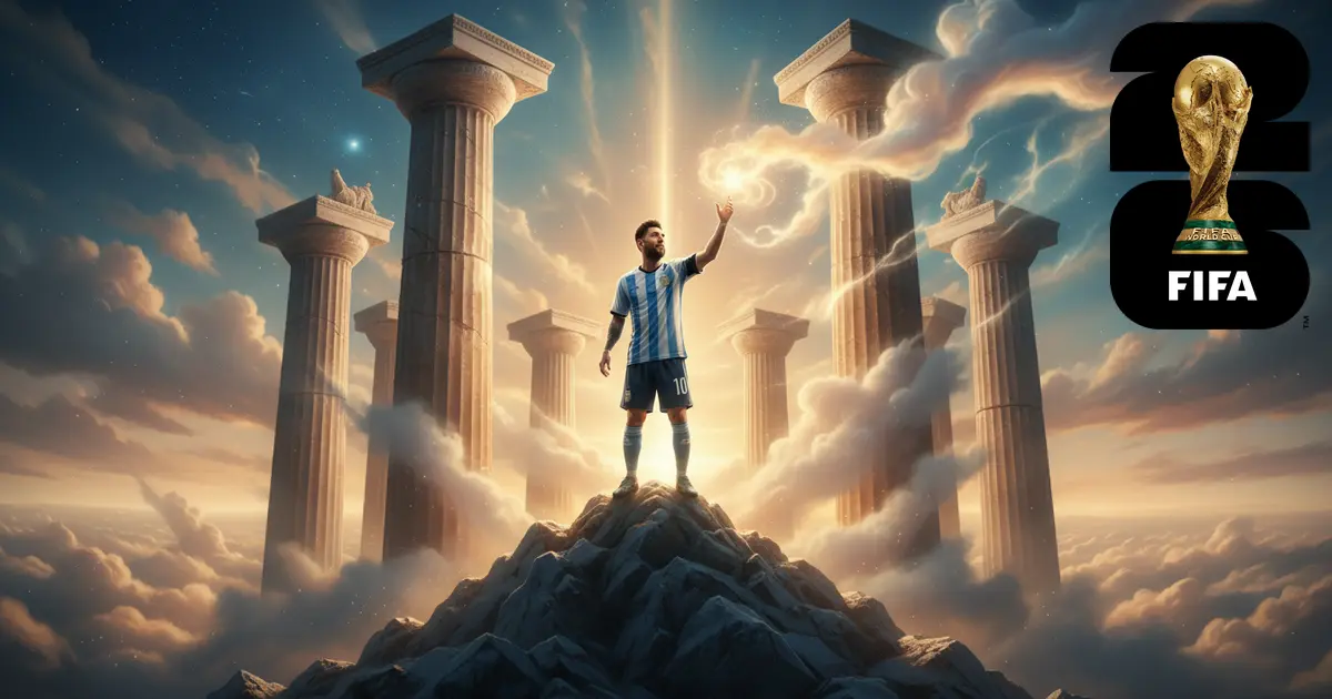 Lionel Messi com a camisola da Argentina entre colunas acima das nuvens, com o logo do Mundial FIFA 2026: recorde de golos e jogo Argentina vs Áustria