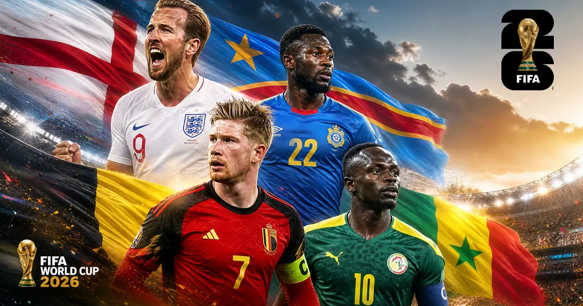 Mundial FIFA 2026 — 16 avos de final a 1 de julho: Harry Kane (Inglaterra), Kevin De Bruyne (Bélgica), Chancel Mbemba (RD Congo) e Sadio Mané (Senegal) com o troféu da Copa do Mundo