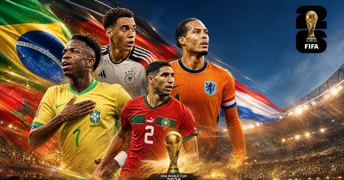 Mundial FIFA 2026 — jogos de 29 de junho: Vinícius Júnior (Brasil), Musiala (Alemanha), Hakimi (Marrocos) e Van Dijk (Países Baixos) com o troféu da Copa do Mundo