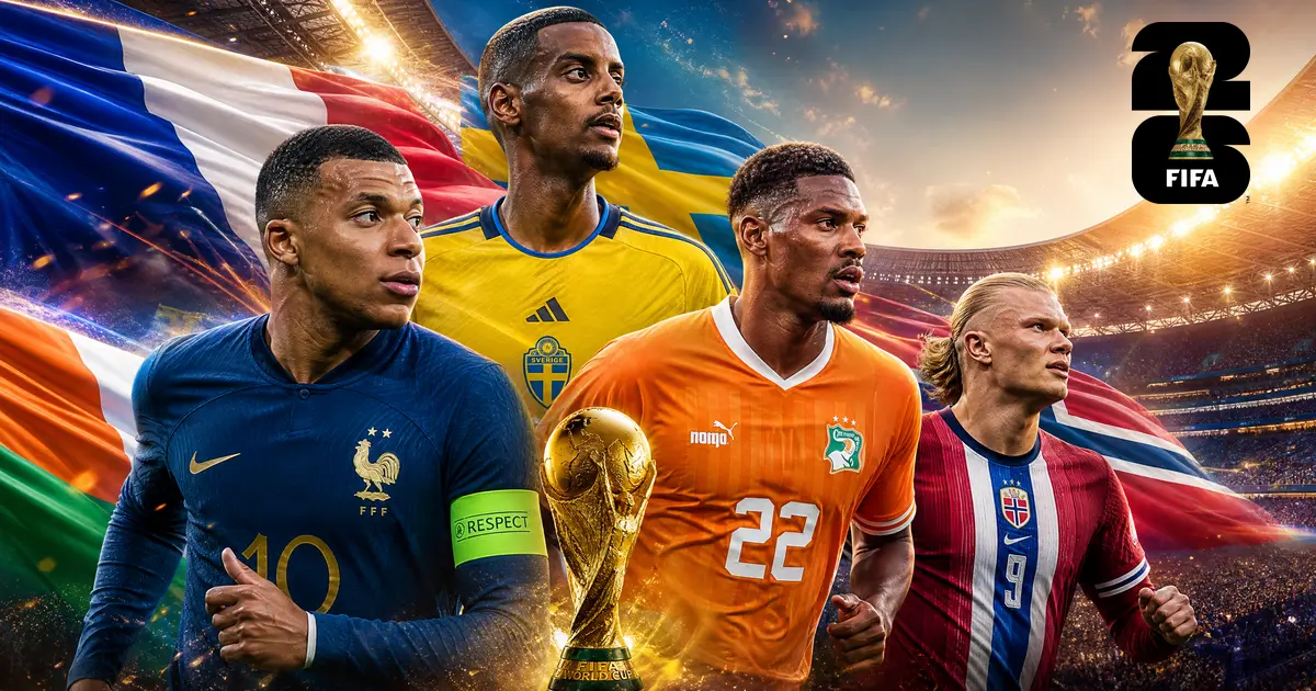 Mundial FIFA 2026 — oitavos de final a 30 de junho: Mbappé (França), Isak (Suécia), Haller (Costa do Marfim) e Haaland (Noruega) com o troféu da Copa do Mundo