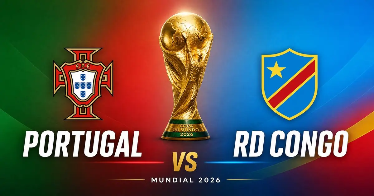 Portugal vs RD Congo no Mundial FIFA 2026 — emblemas das duas seleções e taça Copa do Mundo 2026