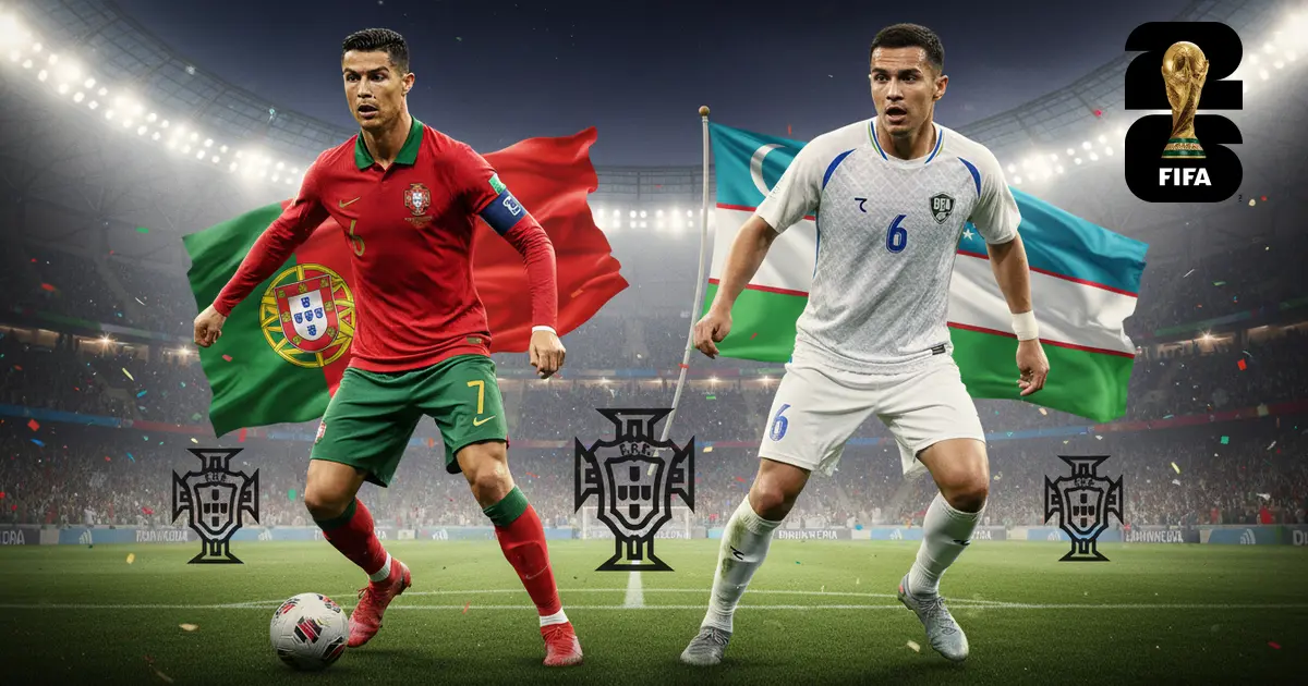 Portugal vs Uzbequistão no Mundial FIFA 2026 — Cristiano Ronaldo e jogador uzbeque no relvado com bandeiras nacionais e logo World Cup 26
